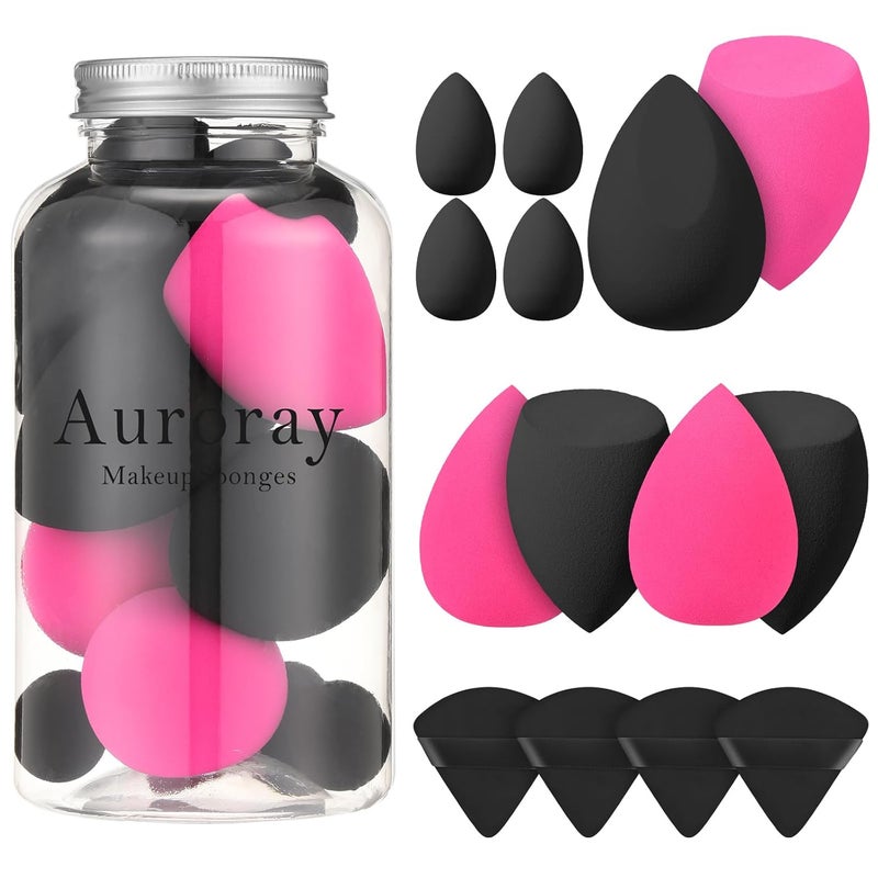 AuraRay 14 Pcs Makeup Sponges,Beauty Sponges Blender with 4 Pcs Powder Puff and 4 Pcs Mini Make up Sponges Valentine's Day Gift,Mother's Day Gift for Women Liquid,Foundation,Powder,Concealer(Black,Hot pink) - Image 1